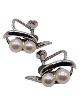 Mikimoto Sterling Silver 925 Two Pearl Earrings 5.4 - 5.9mm